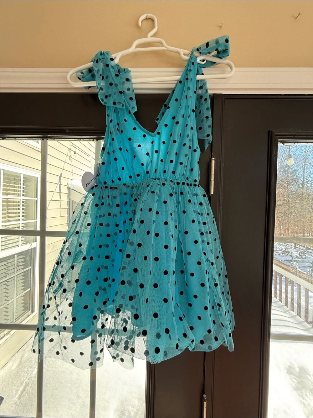 Teal Blue Polka Dot Tulle Party Dress with Black Dots - Picture 8 of 8